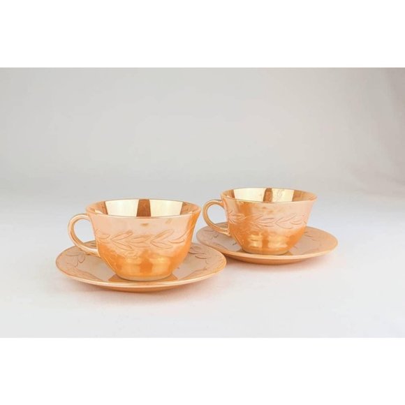 Luster Peach Cup and Saucer Set Vintage Orange Coffee Tea Cup & Saucer Fire King - Picture 5 of 10